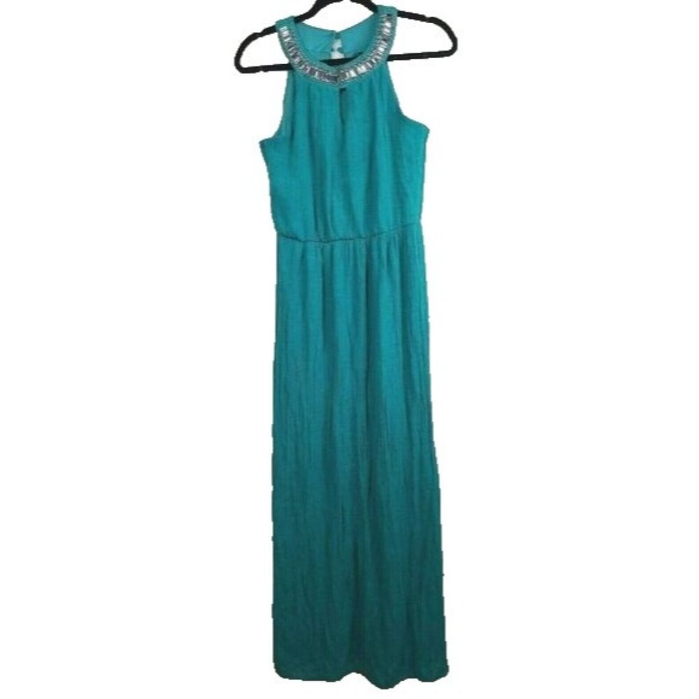 Love Reign Womens‎ Maxi Dress Medium Teal Beaded Halter Sleeveless BOHO Festival